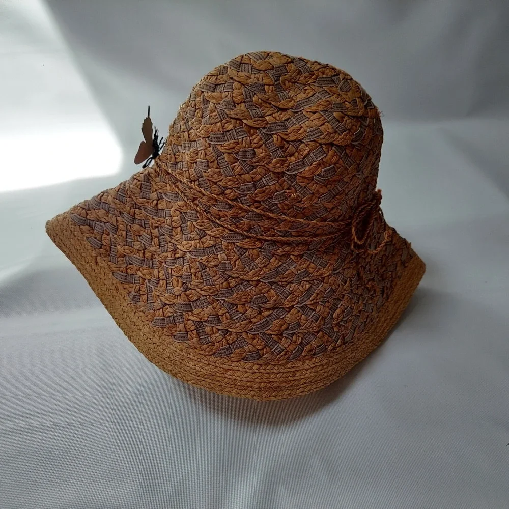 Betmar Women Strew Sun Hat One Size Tan Boho Raffia Butterfly Wide Brim Garden